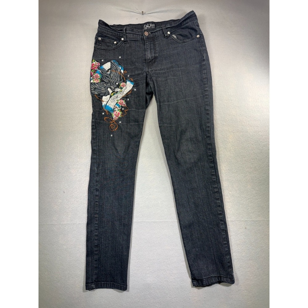 Paco Jeans With Attitude Black Embroidered Eagle Rose Denim Jeans Womens Y2K